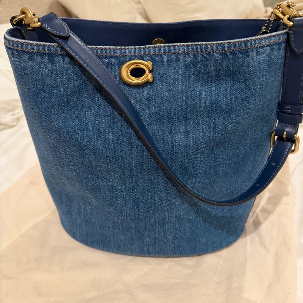Coach Denim Bucket Bag with Navy Leather Trim and Gold Hardware - NEW